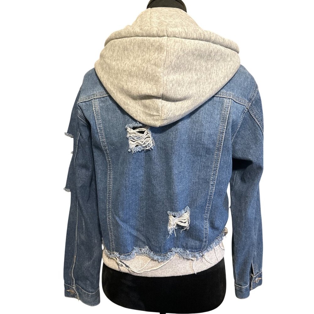 Distressed Denim Jacket With Gray Hoodie Layer By Thrill Jeans Medium Size Casua - Picture 4 of 5